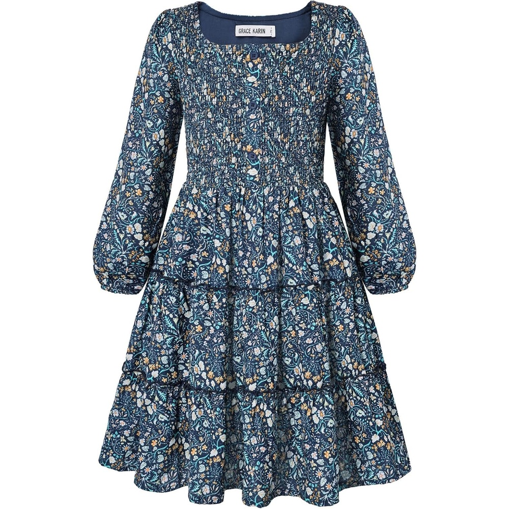 image:imageGRACE KARIN Girls Fall Long Sleeve Floral Christmas Teen Dress Size 614Navy Botanical Floral