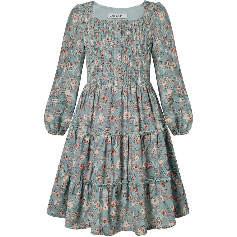 image:imageGRACE KARIN Girls Fall Long Sleeve Floral Christmas Teen Dress Size 614Olive Orange Floral
