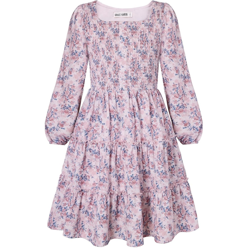 image:imageGRACE KARIN Girls Fall Long Sleeve Floral Christmas Teen Dress Size 614Pink Blue Floral