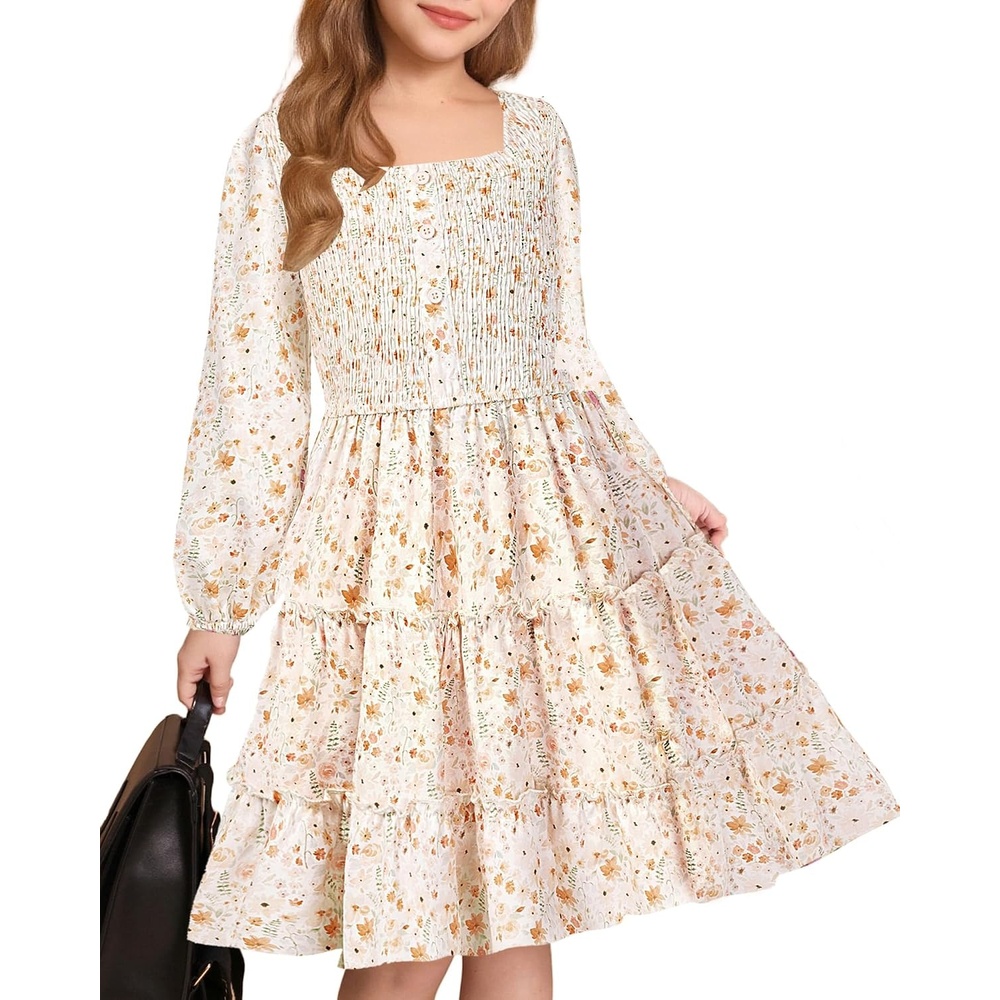 image:imageGRACE KARIN Girls Fall Long Sleeve Floral Christmas Teen Dress Size 614White Orange Floral
