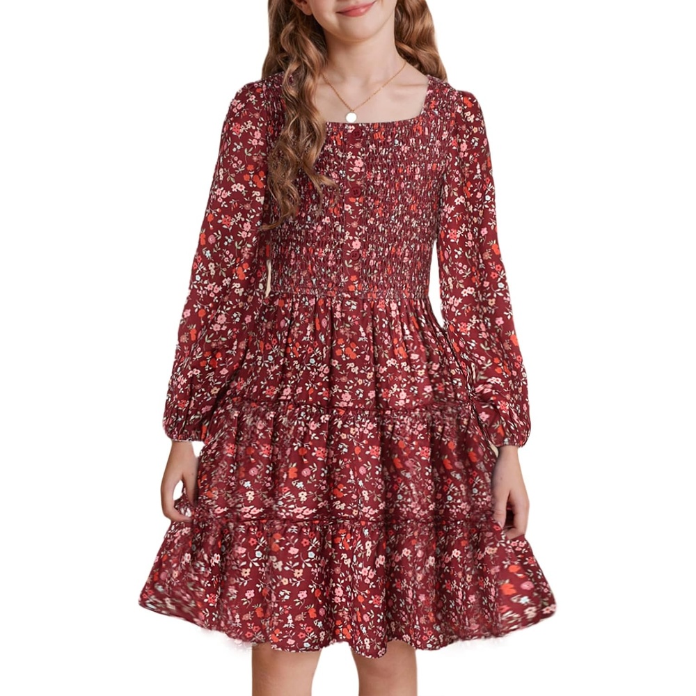 image:imageGRACE KARIN Girls Fall Long Sleeve Floral Christmas Teen Dress Size 614Wine Red Floral