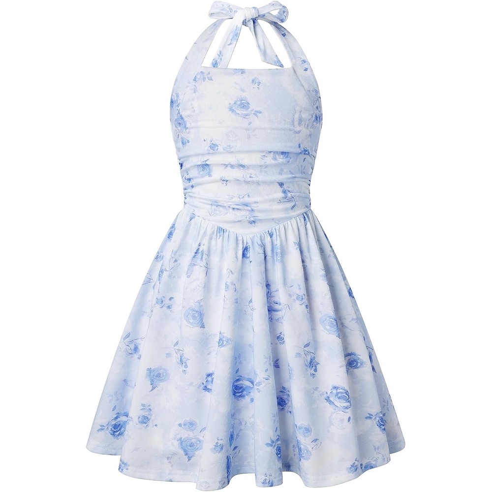 image:imageGrace Karin Girls Floral Summer Spring Halter Tie Back Dresses Size 716Light Blue Roses