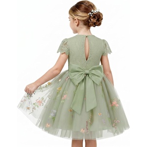 GRACE KARIN Flower Girl Dress Big Bow Kids Lace Tulle Princess Wedding Gown(Bean Green)