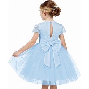 GRACE KARIN Flower Girl Dress Big Bow Kids Lace Tulle Princess Wedding Gown(Pale Blue)
