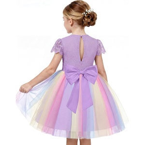GRACE KARIN Flower Girl Dress Big Bow Kids Lace Tulle Princess Wedding Gown(Purple Rainbow)