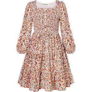 GRACE KARIN Girls Fall Long Sleeve Floral Christmas Teen Dress Size 6-14(Apricot Orange Floral)