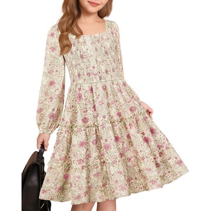 GRACE KARIN Girls Fall Long Sleeve Floral Christmas Teen Dress Size 6-14(Apricot Pink Floral)