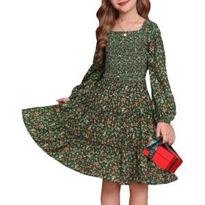 GRACE KARIN Girls Fall Long Sleeve Floral Christmas Teen Dress Size 6-14(Green Floral)