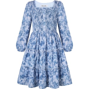 GRACE KARIN Girls Fall Long Sleeve Floral Christmas Teen Dress Size 6-14(Light Blue Navy Floral)