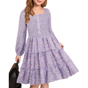 GRACE KARIN Girls Fall Long Sleeve Floral Christmas Teen Dress Size 6-14(Purple Yellow Floral)