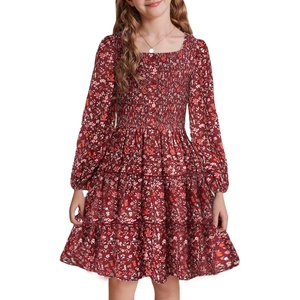 GRACE KARIN Girls Fall Long Sleeve Floral Christmas Teen Dress Size 6-14(Wine Red Floral)