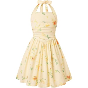 Grace Karin Girls Floral Summer Spring Halter Tie Back Dresses Size 7-16(Pale Yellow Floral)