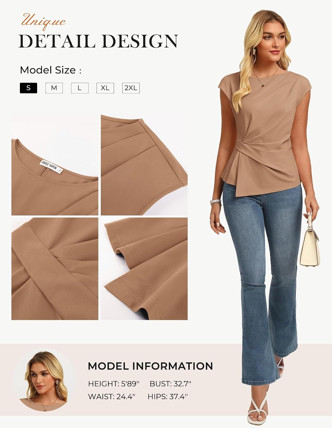 image:imageGRACE KARIN Womens 2026 Summer Tops Dressy Peplum ShirtKhaki