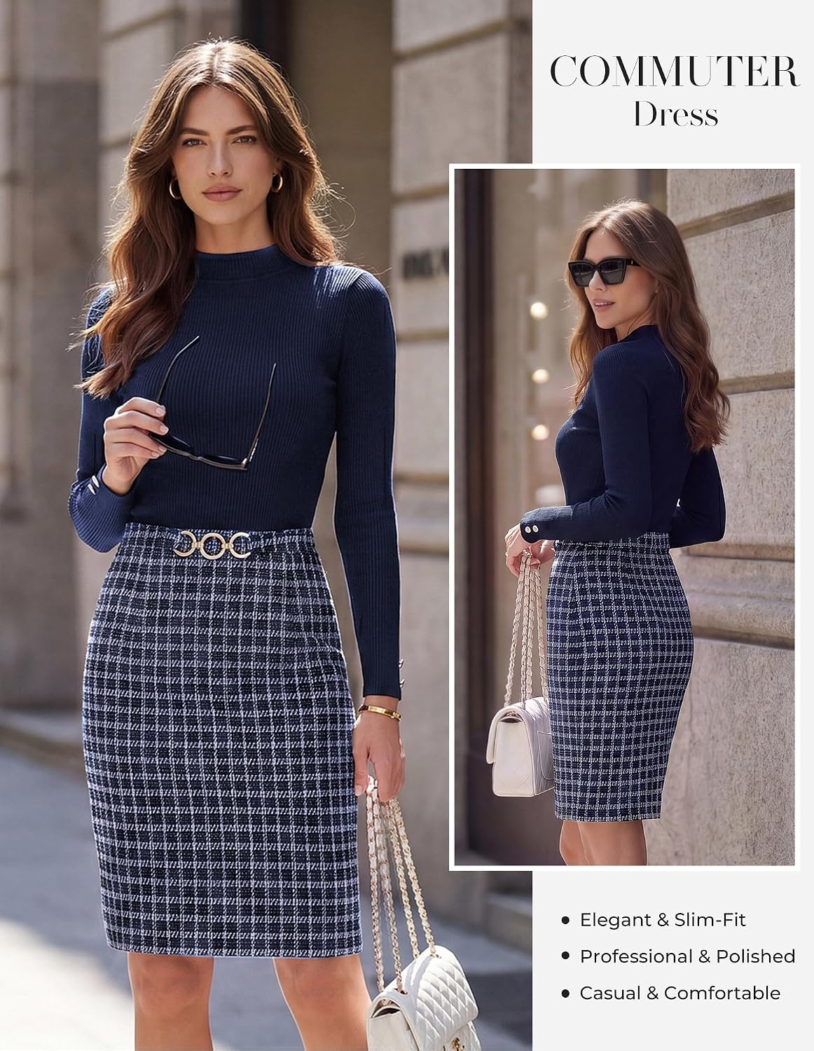 image:imageGRACE KARIN Women Long Sleeve Work Business Pencil Tweed DressNavy