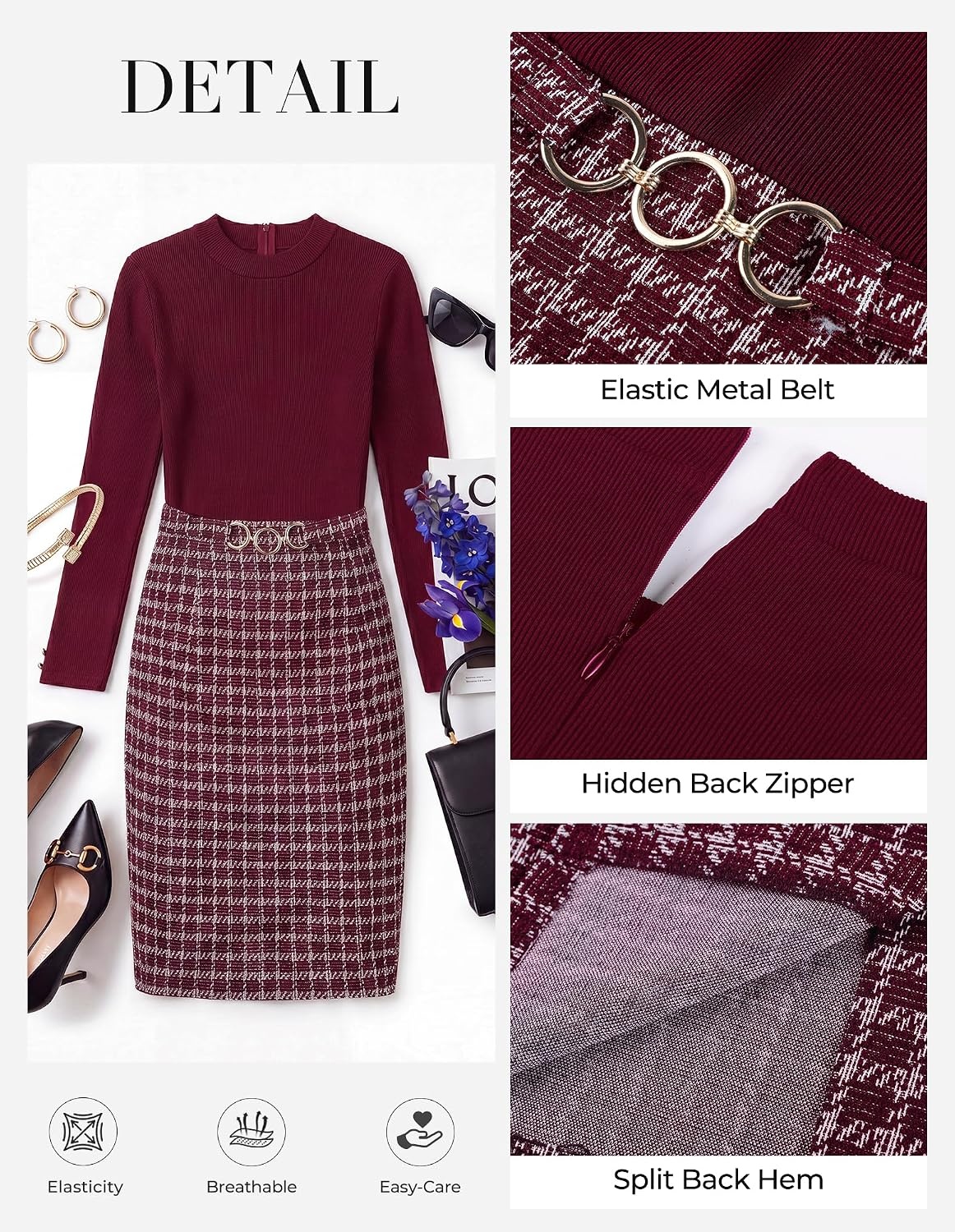 image:imageGRACE KARIN Women Long Sleeve Work Business Pencil Tweed DressWine