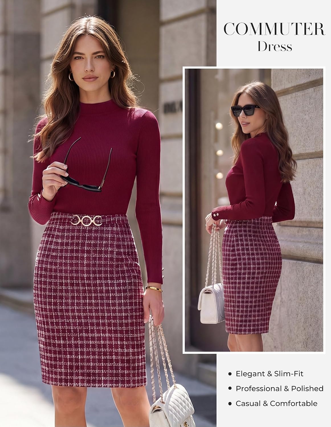 image:imageGRACE KARIN Women Long Sleeve Work Business Pencil Tweed DressWine