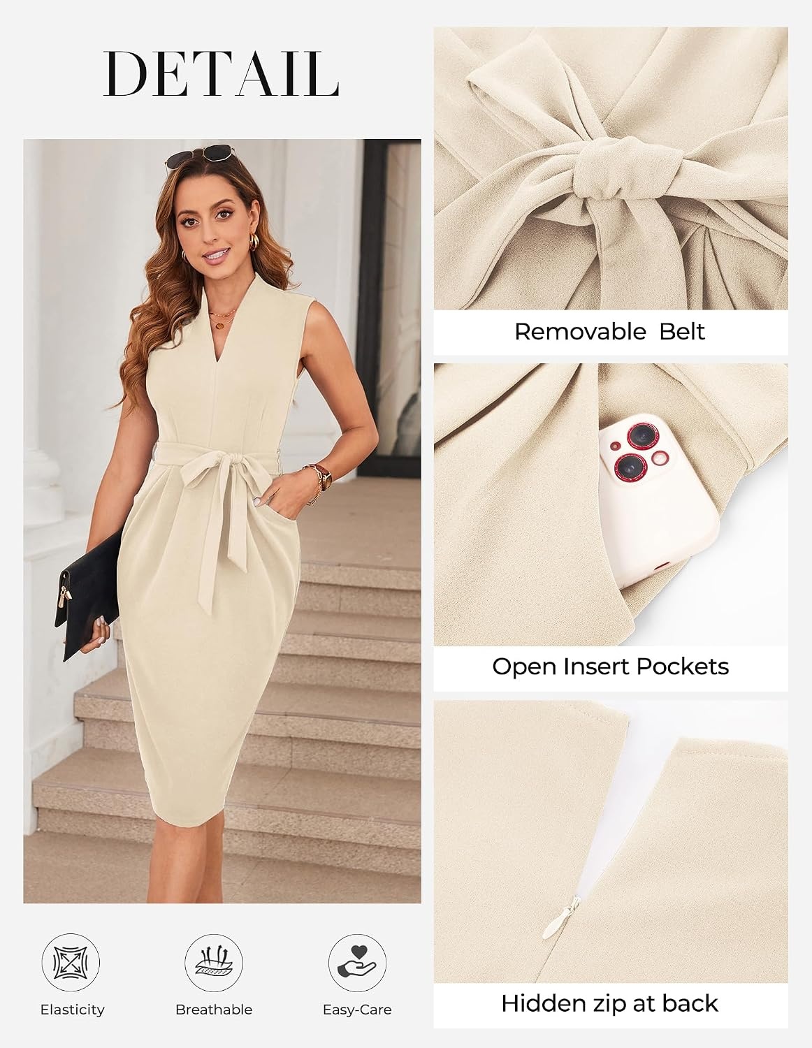 image:imageGRACE KARIN Womens Bodycon Knee Length Sleeveless Dress with PocketsApricot