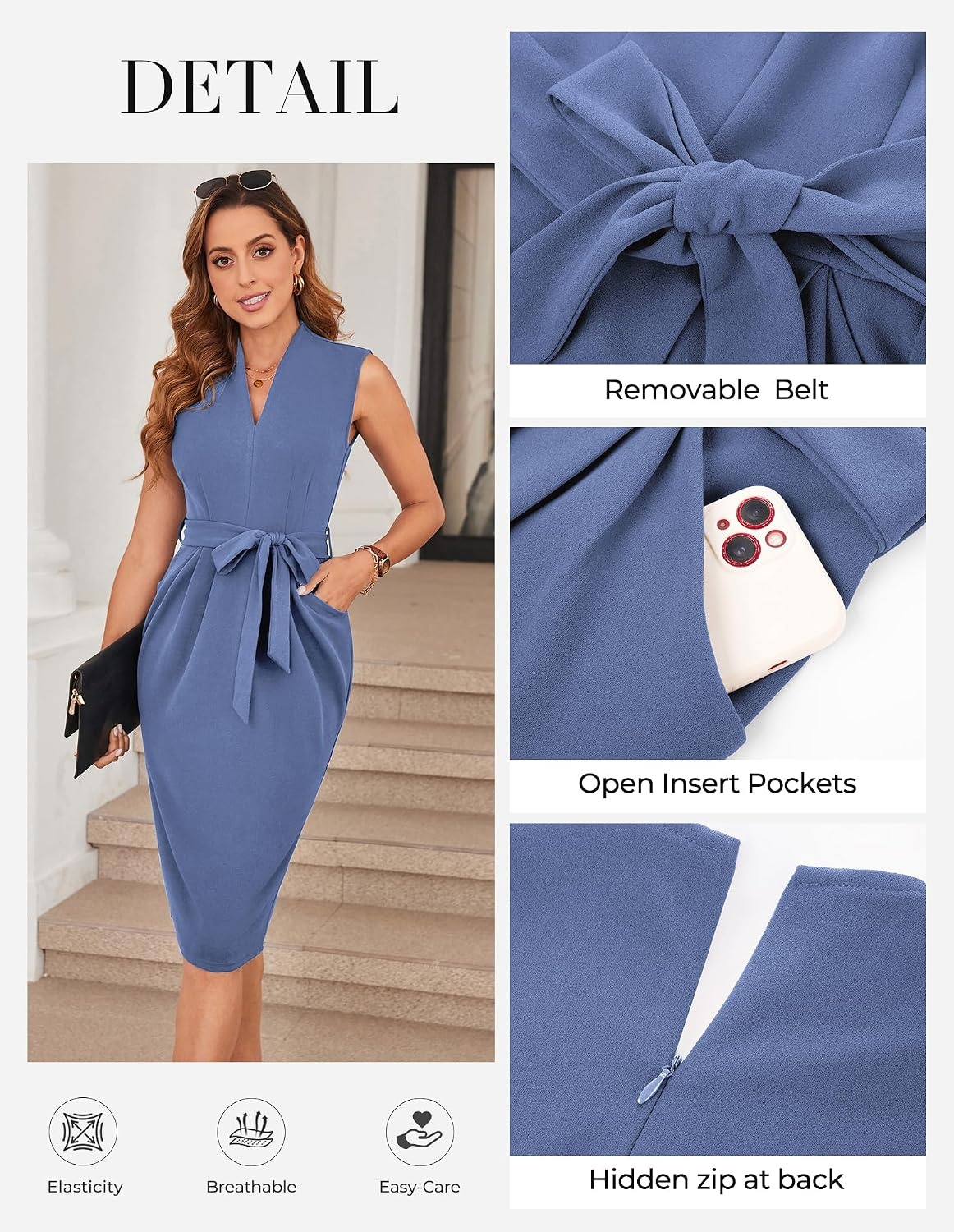 image:imageGRACE KARIN Womens Bodycon Knee Length Sleeveless Dress with PocketsBlue Grey