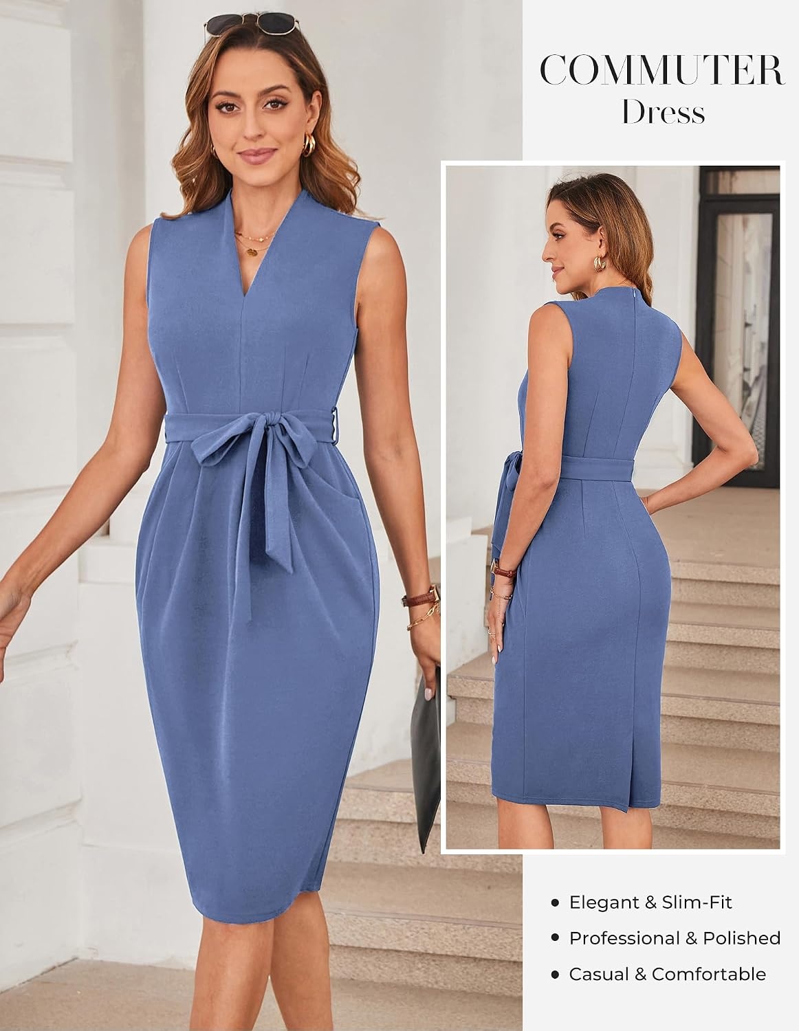 image:imageGRACE KARIN Womens Bodycon Knee Length Sleeveless Dress with PocketsBlue Grey