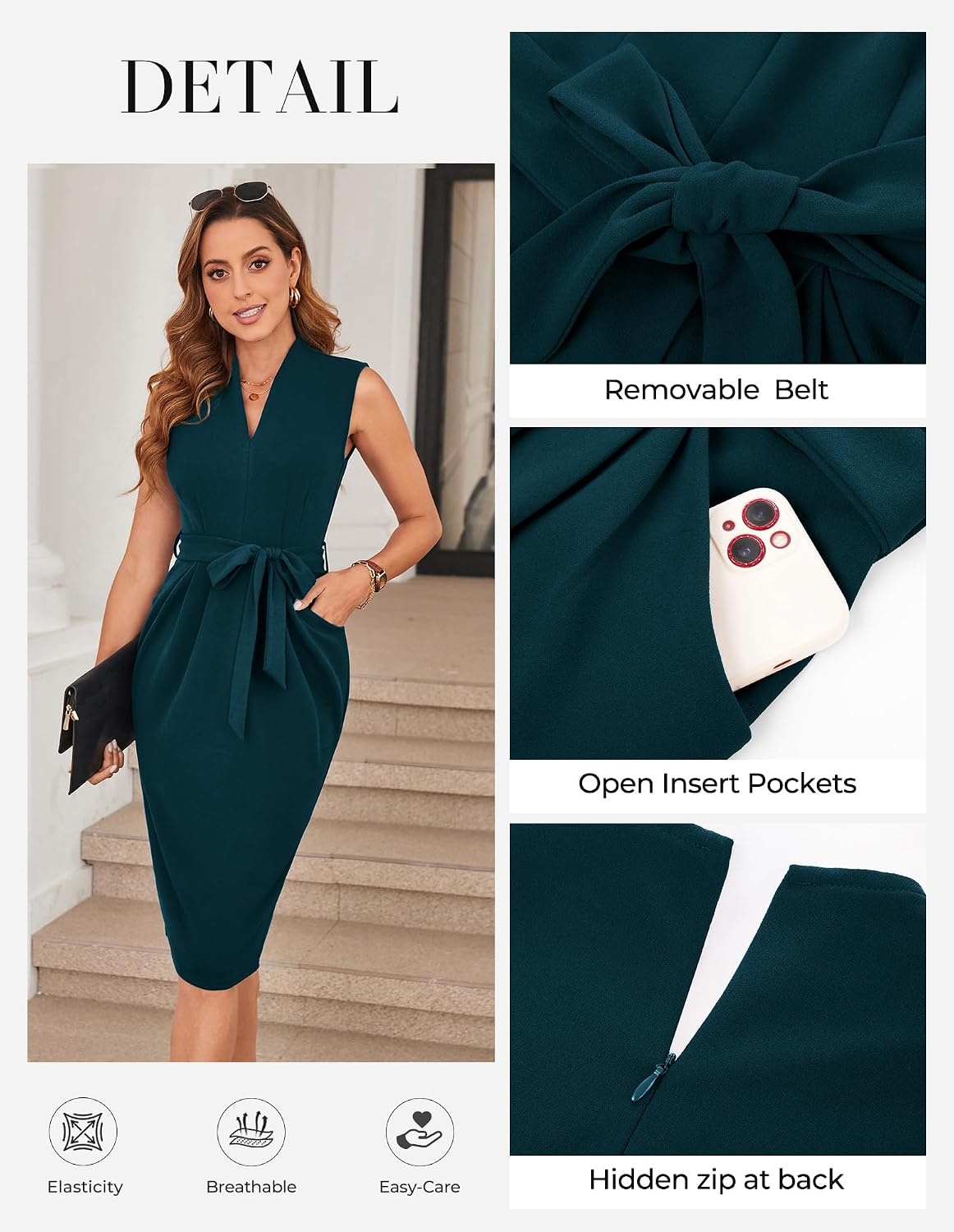 image:imageGRACE KARIN Womens Bodycon Knee Length Sleeveless Dress with PocketsDeep Green