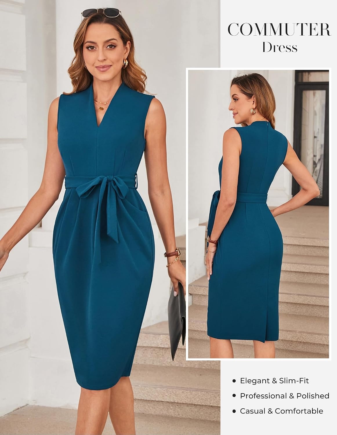 image:imageGRACE KARIN Womens Bodycon Knee Length Sleeveless Dress with PocketsPeacock