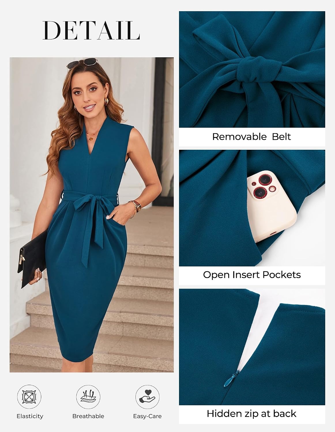 image:imageGRACE KARIN Womens Bodycon Knee Length Sleeveless Dress with PocketsPeacock