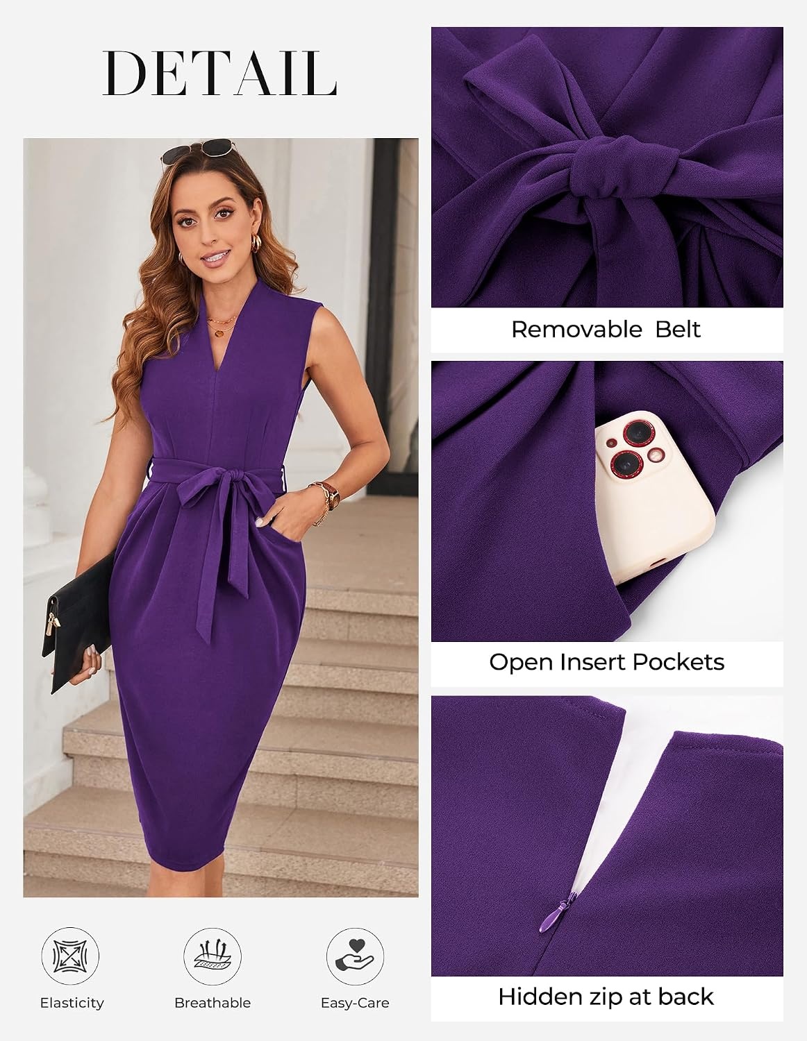 image:imageGRACE KARIN Womens Bodycon Knee Length Sleeveless Dress with PocketsPurple