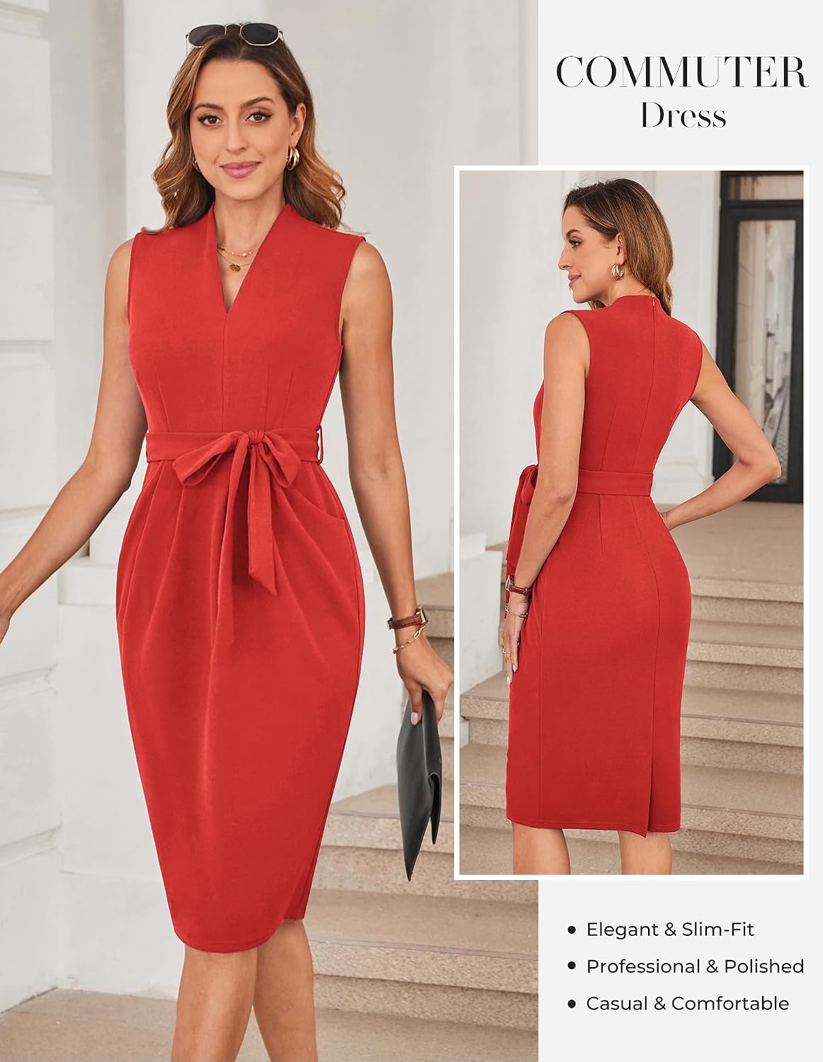 image:imageGRACE KARIN Womens Bodycon Knee Length Sleeveless Dress with PocketsRed