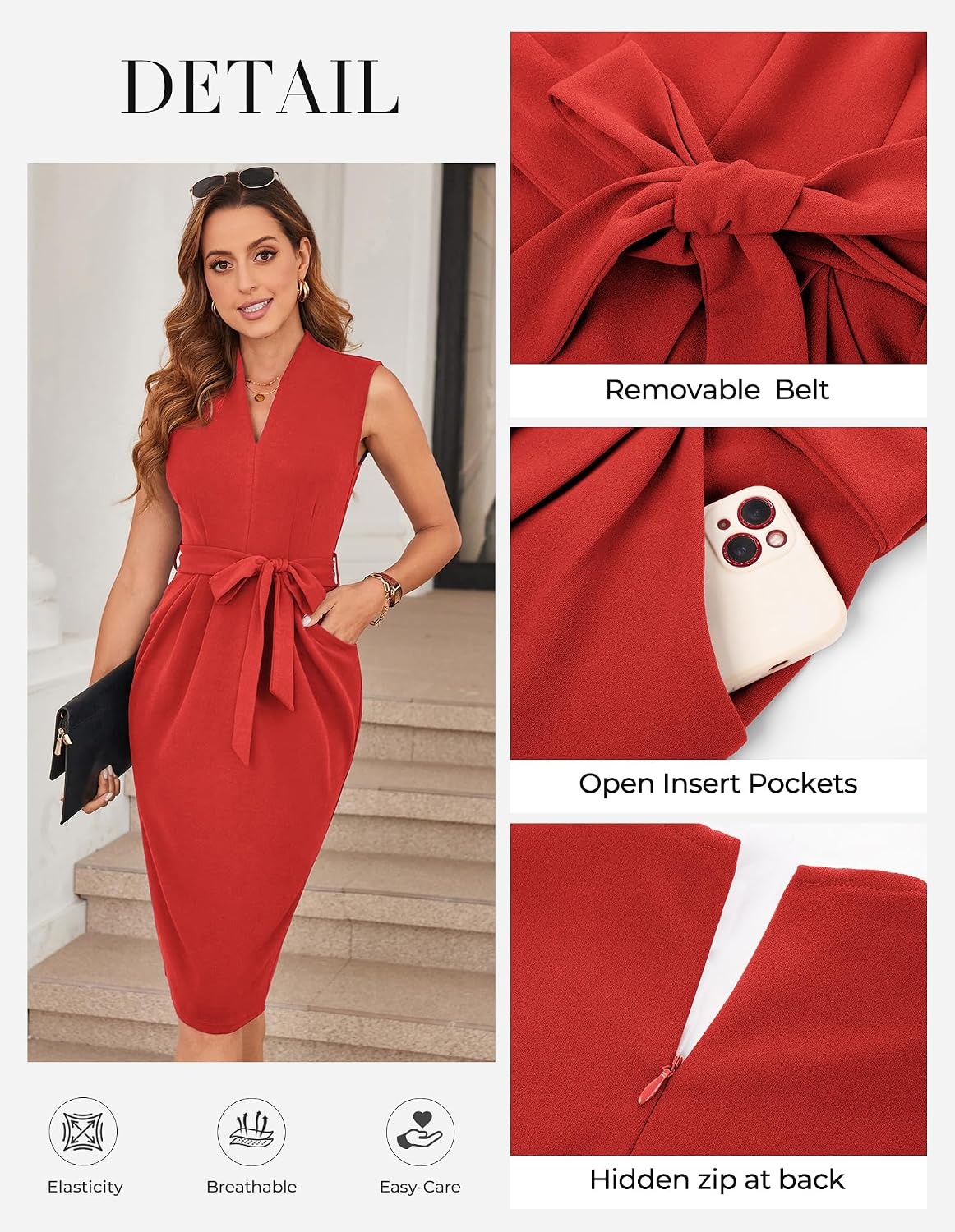 image:imageGRACE KARIN Womens Bodycon Knee Length Sleeveless Dress with PocketsRed