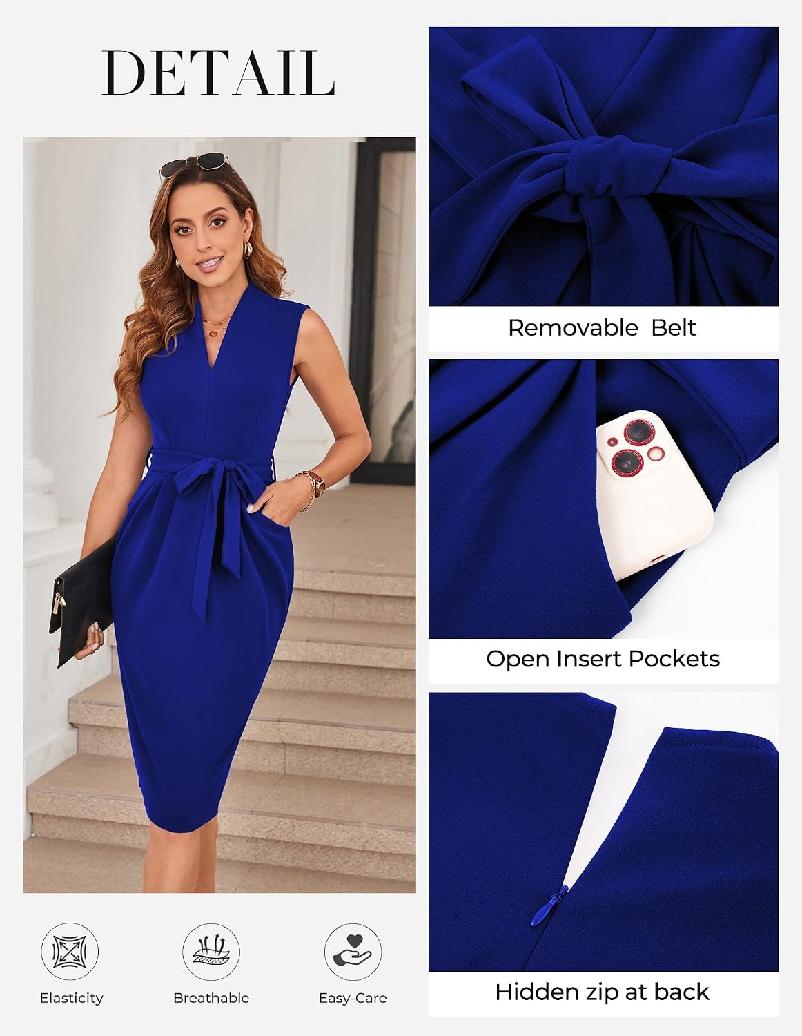 image:imageGRACE KARIN Womens Bodycon Knee Length Sleeveless Dress with PocketsRoyal Blue