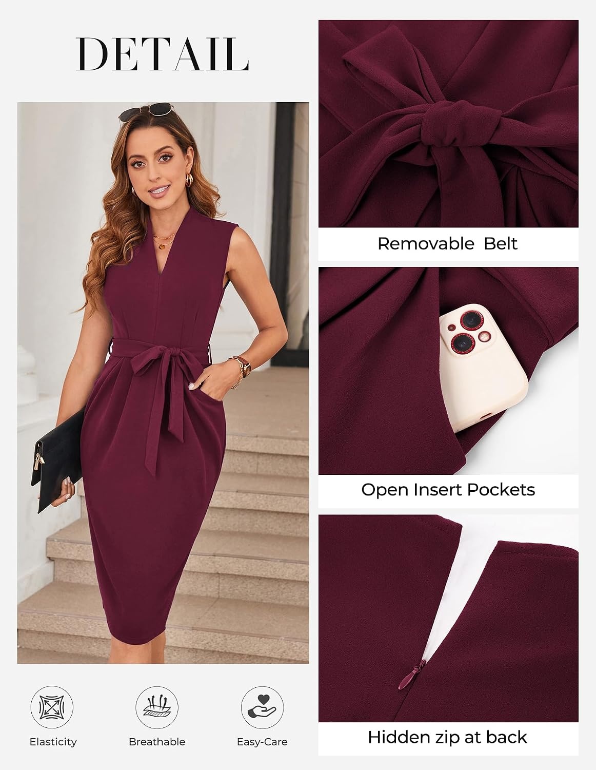 image:imageGRACE KARIN Womens Bodycon Knee Length Sleeveless Dress with PocketsWine Red