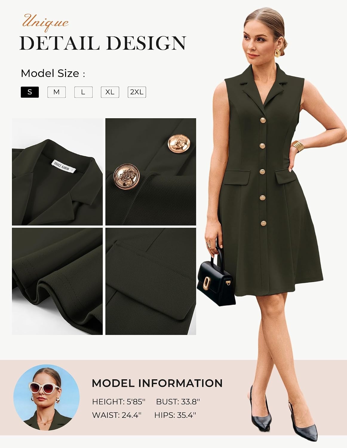 image:imageGRACE KARIN Womens Sleeveless Button Down Work Professional DressesArmy Green