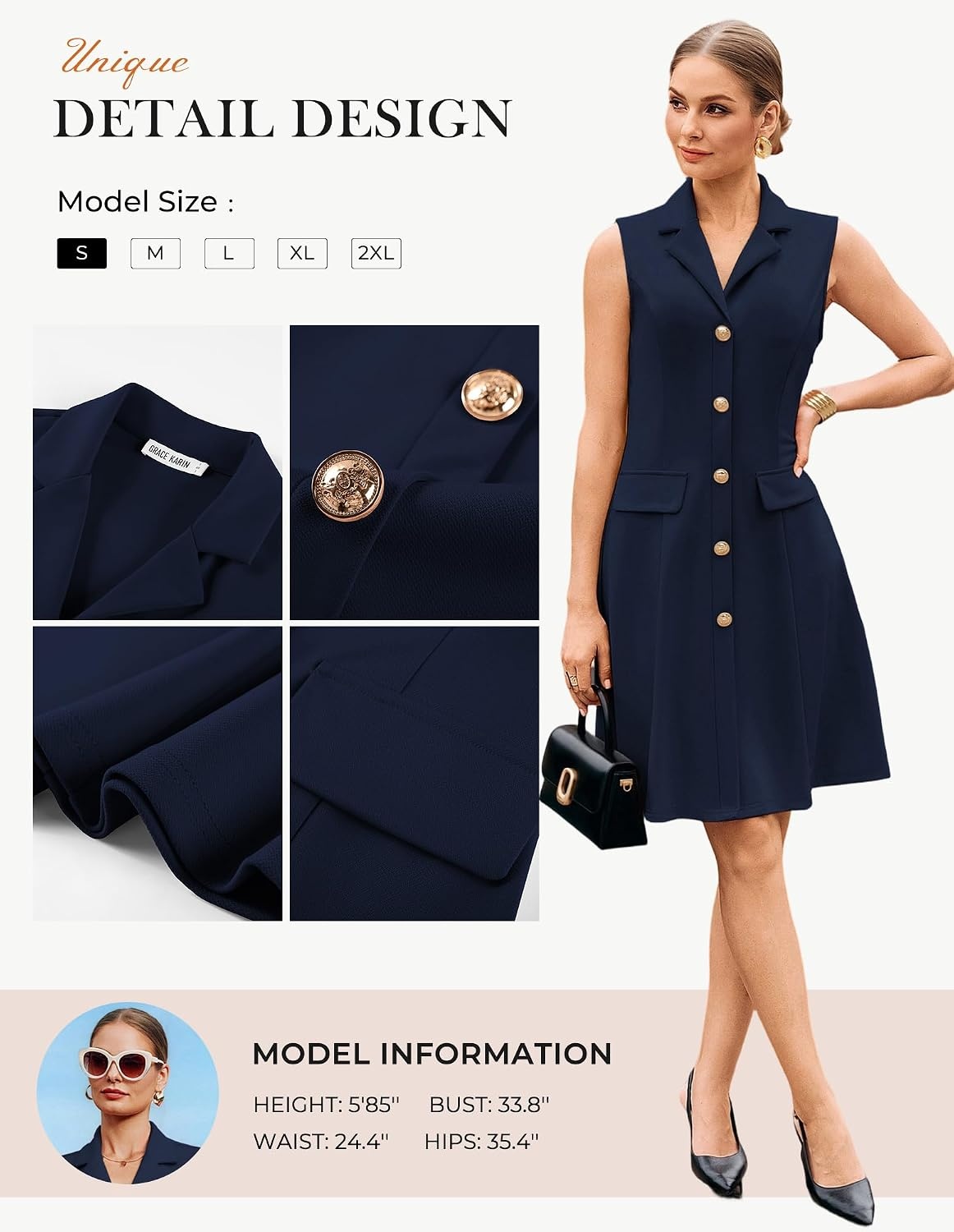 image:imageGRACE KARIN Womens Sleeveless Button Down Work Professional DressesNavy Blue