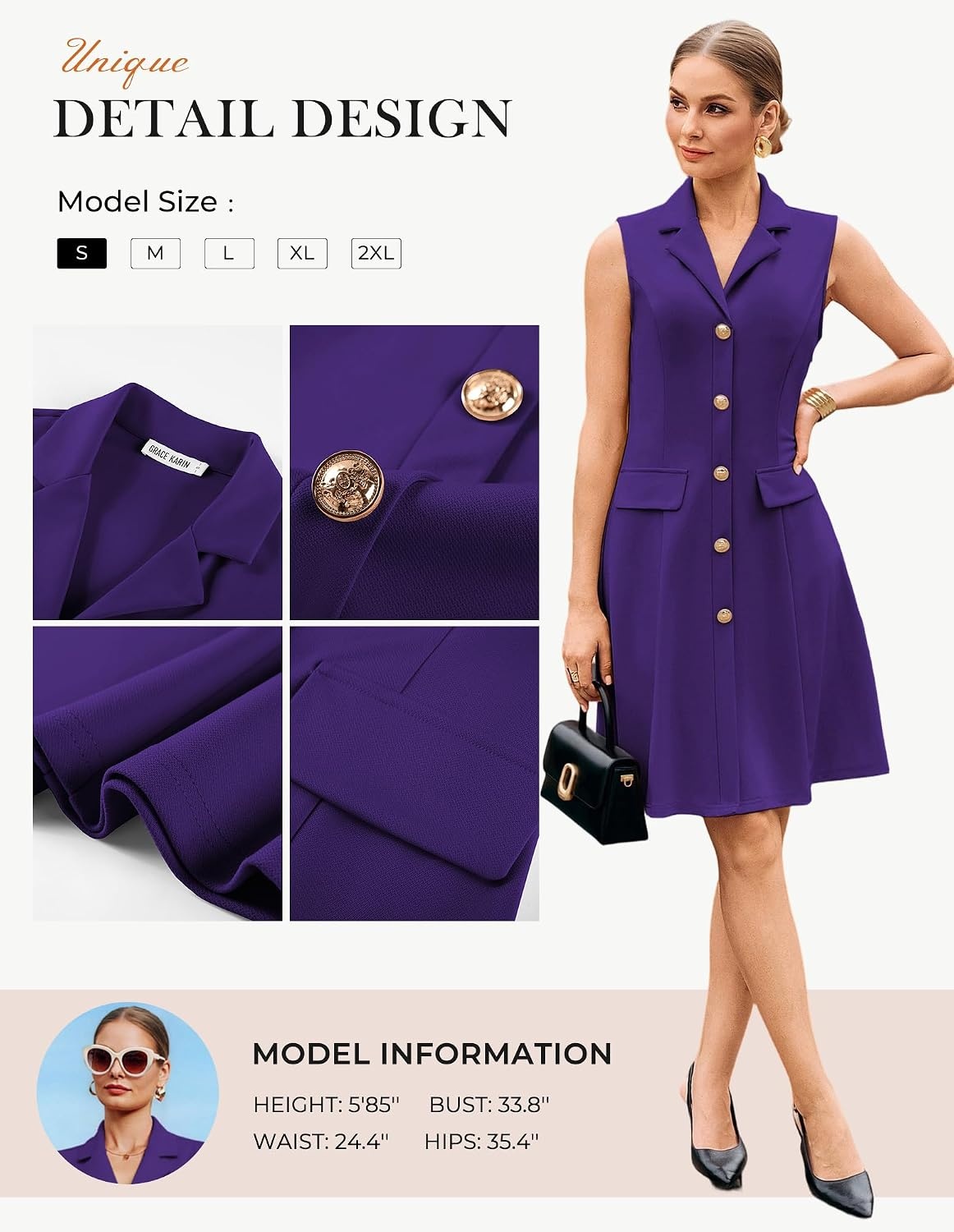 image:imageGRACE KARIN Womens Sleeveless Button Down Work Professional DressesPurple