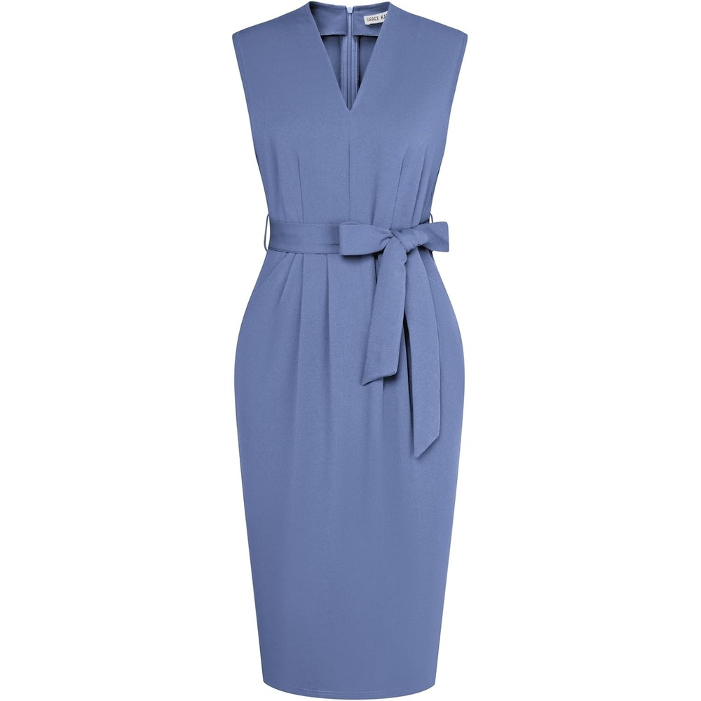 image:imageGRACE KARIN Womens Bodycon Knee Length Sleeveless Dress with PocketsBlue Grey