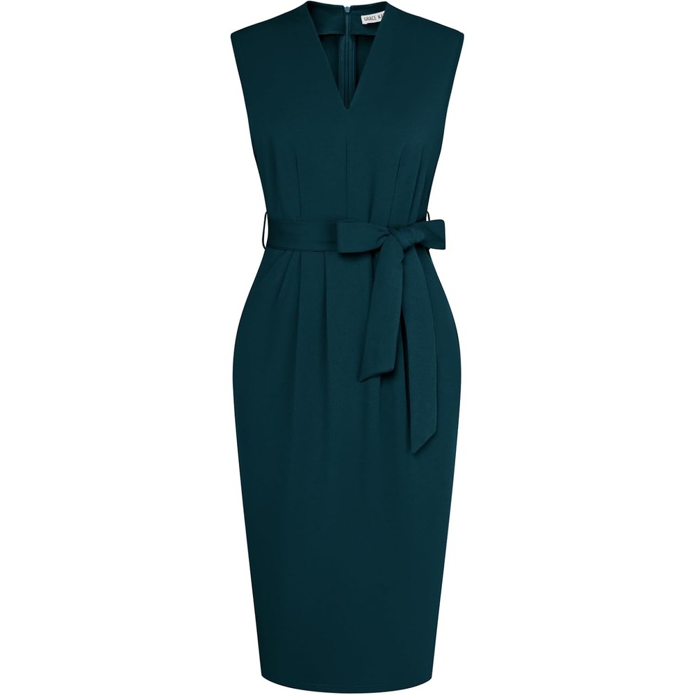 image:imageGRACE KARIN Womens Bodycon Knee Length Sleeveless Dress with PocketsDeep Green