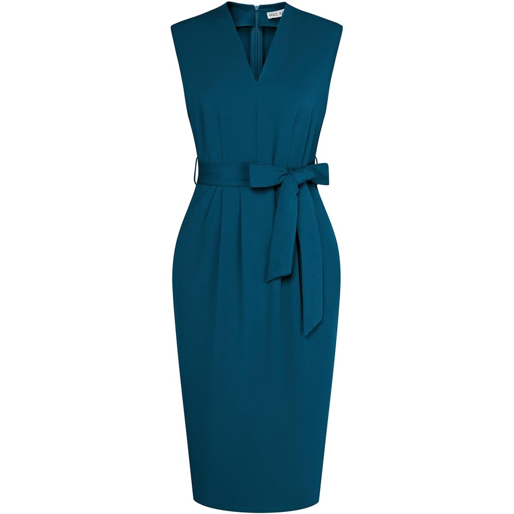 image:imageGRACE KARIN Womens Bodycon Knee Length Sleeveless Dress with PocketsPeacock
