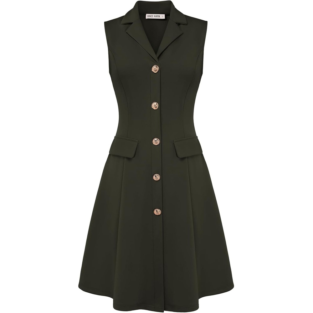 image:imageGRACE KARIN Womens Sleeveless Button Down Work Professional DressesArmy Green