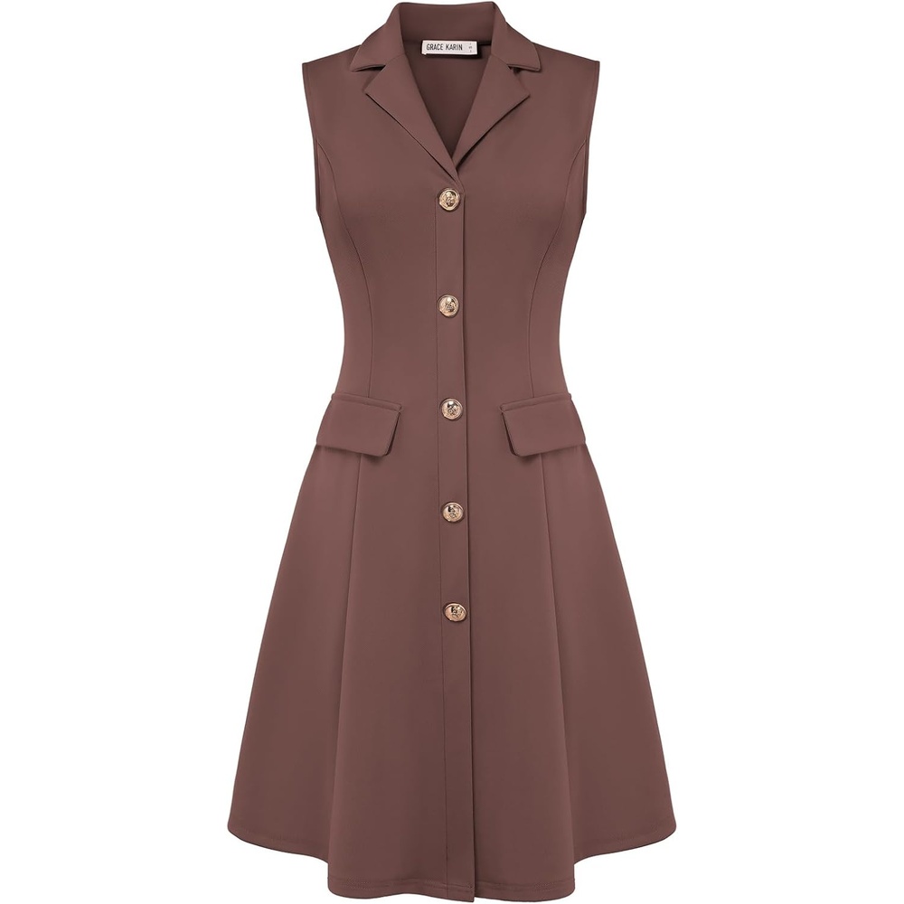 image:imageGRACE KARIN Womens Sleeveless Button Down Work Professional DressesBrown