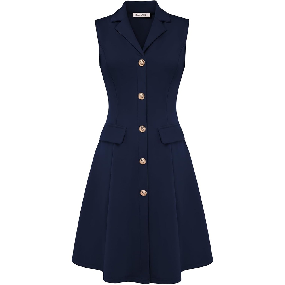 image:imageGRACE KARIN Womens Sleeveless Button Down Work Professional DressesNavy Blue