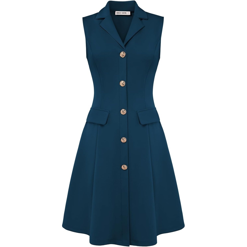 image:imageGRACE KARIN Womens Sleeveless Button Down Work Professional DressesPeacock Blue