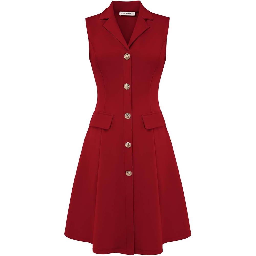 image:imageGRACE KARIN Womens Sleeveless Button Down Work Professional DressesRed