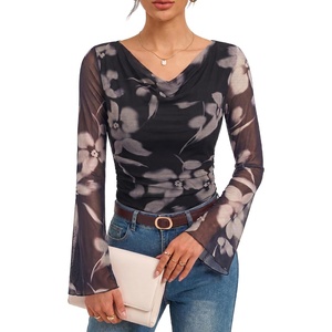 GRACE KARIN Women Boho Mesh Blouses Dressy Casual Cowl Neck Going Out Tops(Black Pink)