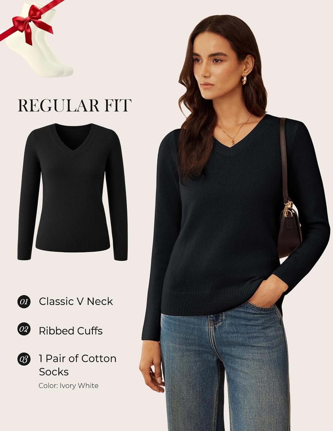 image:imageGRACE KARIN Cashmere Sweaters for Women V Neck Merino Wool Fall SweaterBlack