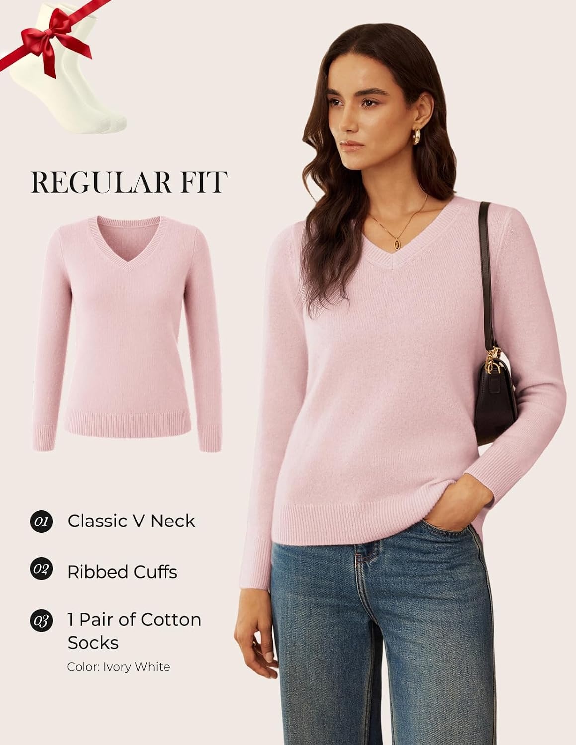 image:imageGRACE KARIN Cashmere Sweaters for Women V Neck Merino Wool Fall SweaterLight Pink