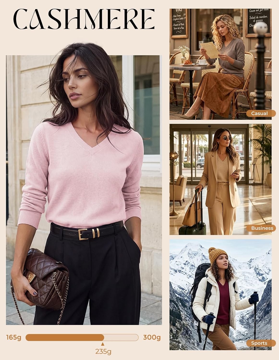image:imageGRACE KARIN Cashmere Sweaters for Women V Neck Merino Wool Fall SweaterLight Pink