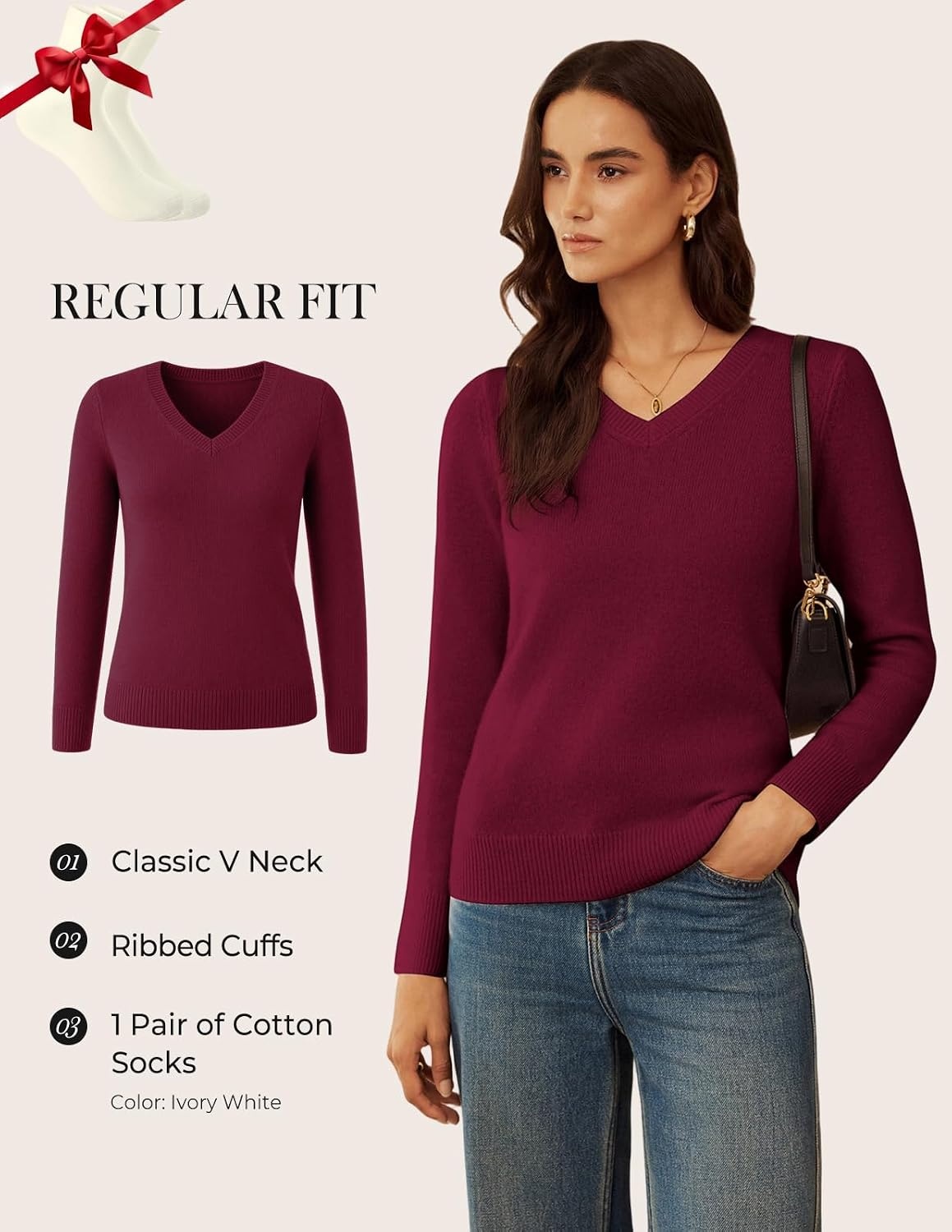 image:imageGRACE KARIN Cashmere Sweaters for Women V Neck Merino Wool Fall SweaterRed
