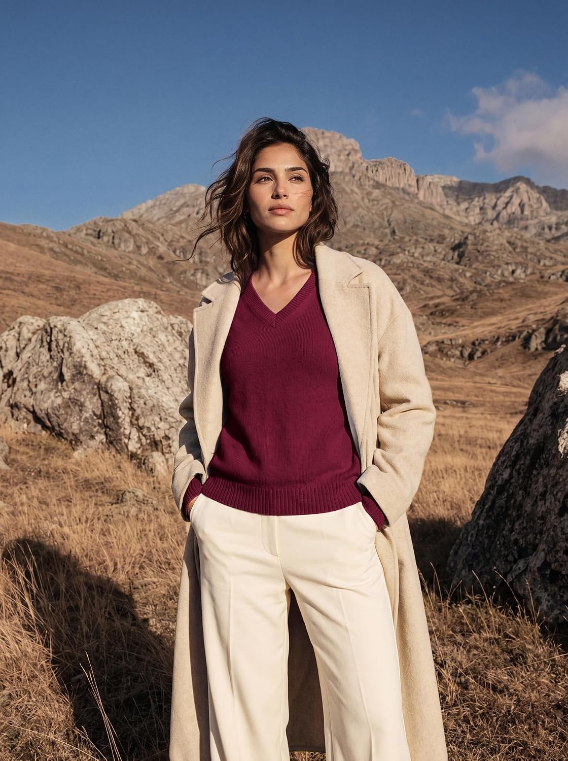 image:imageGRACE KARIN Cashmere Sweaters for Women V Neck Merino Wool Fall SweaterRed