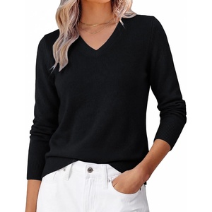 GRACE KARIN Cashmere Sweaters for Women V Neck Merino Wool Fall Sweater(Black)