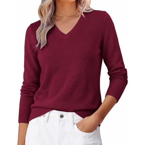 GRACE KARIN Cashmere Sweaters for Women V Neck Merino Wool Fall Sweater(Red)